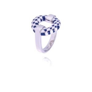 Una Storia BG14007 Collection Damier Bari Bague argent et email blanc et bleu.