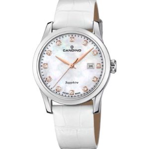 Candino C4736/1 Collection Lady montre dame cadran nacre date bracelet cuir blanc