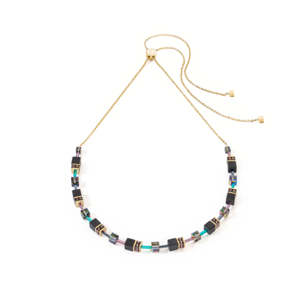 Coeur de Lion Geocube 3035/10-1315 collier en acier inoxydable plaqué or jaune, onyx et Swarovski. Ce bijou est ajustable. Fait main en Allemagne.