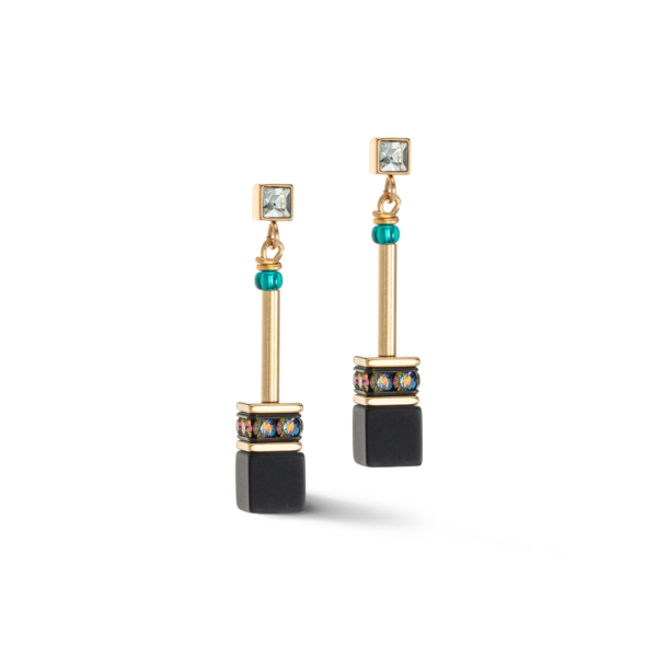 Coeur de Lion 3035/21-1315 Collection Geocube Boucles d'oreilles en acier inoxydable, onyx et Swarovski. Fait Main en Allemagne.