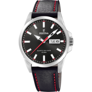 Festina F20358/4 montre quartz pour homme avec cadran noir et bracelet cuir noir. Garantie 2 ans.