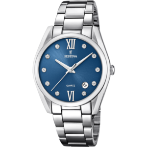 Festina Collection Boyfriend Montre élégante pour dame avec cadran bleu et index zircons. Garantie 2 ans.