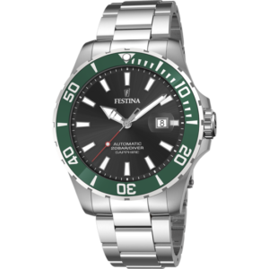 Festina f20531_2 Montre Automatique pour homme, acier inoxydable, cadran noir, lunette verte, 3 aiguilles date à 3h. Garantie 2 ans.