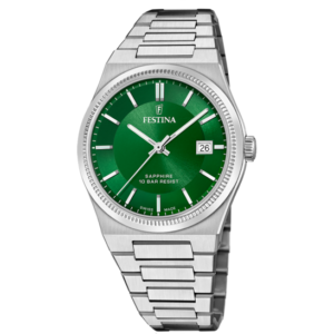 Festina Swiss classique date F20034/3. Montre homme, cadran vert, date à 3h, bracelet acier, garantie 2 ans.