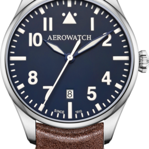 Aérowatch 42997-aa04 Les grandes classiques Montre homme, acier, 40mm, bracelet cuir brun, cadran bleu mat, 3 aiguilles et date à 6h. Garantie 2 ans. Swiss made.