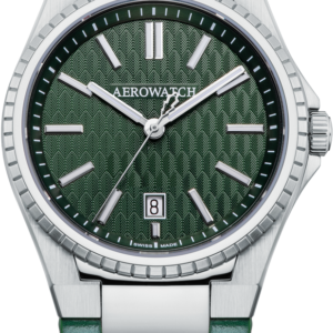 Aerowatch Collection Milan montre quartz Swiss made, cadran vert sapin, 3 aiguilles, date à 6h. Bracelet cuir vert avec boucles déployante. Garantie 2 ans.