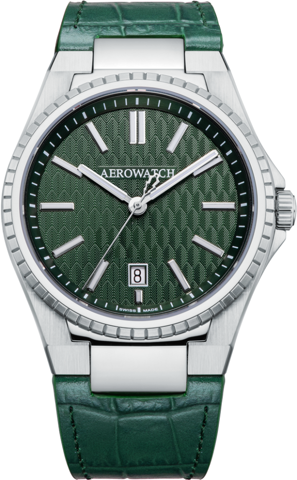 Aerowatch Collection Milan montre quartz Swiss made, cadran vert sapin, 3 aiguilles, date à 6h. Bracelet cuir vert avec boucles déployante. Garantie 2 ans.