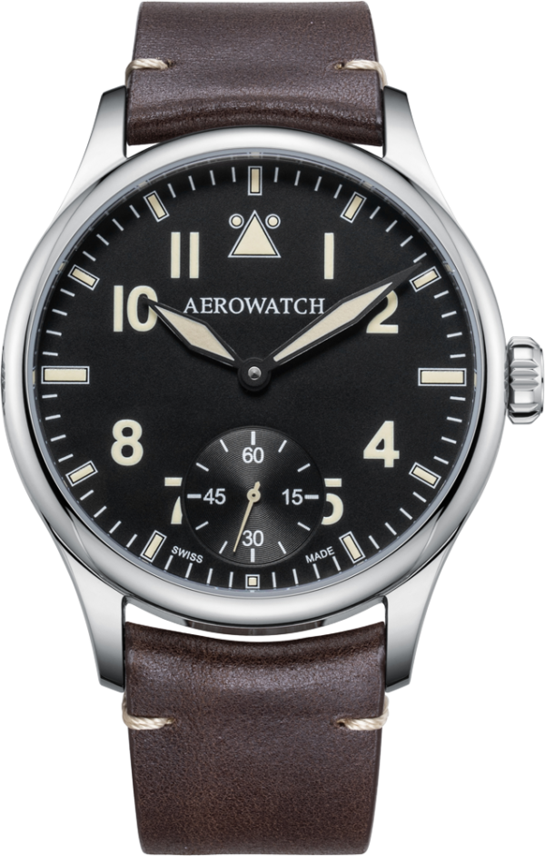 Aérowatch Collection Renaissance Aviateur 55981-aa02 Montre quartz suisse made, cadran noir mat, 3 aiguilles, bracelet cuir brun, garantie 2 ans.