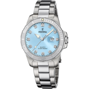 Festina F20503/5 montre dame, quartz bracelet acier, inoxydable, boucle déployante, cadran bleu ciel, 12 zircons, date à 3h. Garantie 2 ans.
