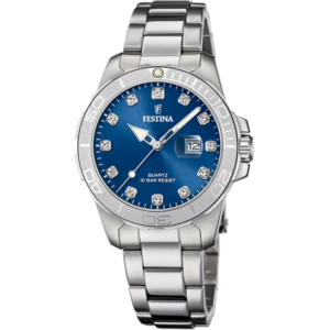 Festina F20503/6 montre dame, quartz bracelet acier, inoxydable, boucle déployante, cadran bleu nuit, 12 zircons, date à 3h. Garantie 2 ans.