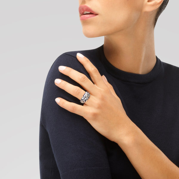 Una Storia Collection Aztec Bague argent, email blanc-bleu et zircons blancs. Fait main, maison Française BG121186
