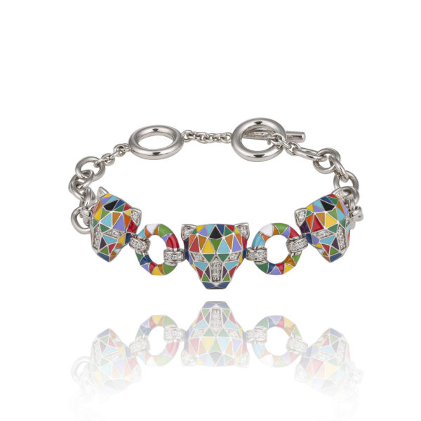 Una Storia BR121219 Collection Fauve Bracelet en argent, email et zircons, 3 têtes de fausses en pièces principales. Fait main en France.