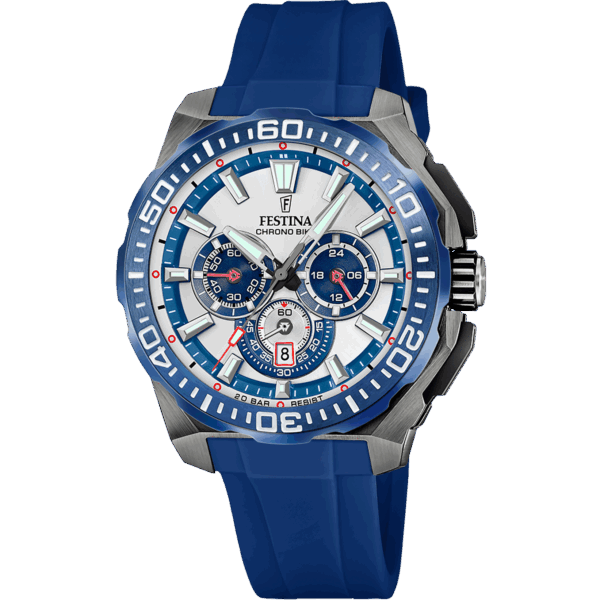 Festina F20725/4 Chrono Bike Acier inoxydable gris, cadran gris et bleu, 3 compteurs, date à 6h étanche 20 ATM, bracelet bleu. Garantie 2 ans.