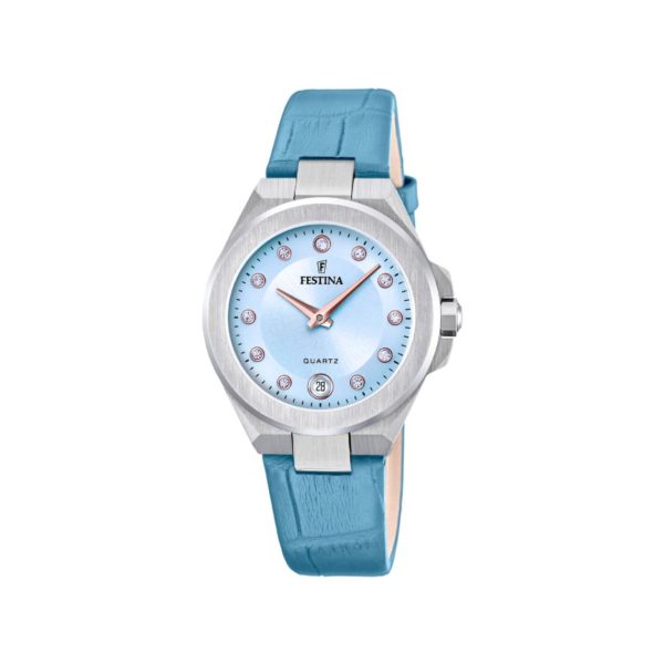 Festina F20701/3 Mademoiselle montre dame acier cadran bleu date à 6h quartz bracelet cuir bleu garantie 2 ans