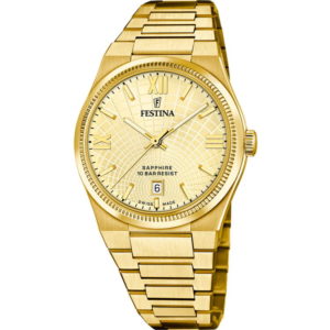 Festina F20057/2 Montre homme 40mm acier inoxydable doré boucle déployante cadran doré index chiffres romains 3 aiguilles date à 6h garantie 2 ans Swiss made